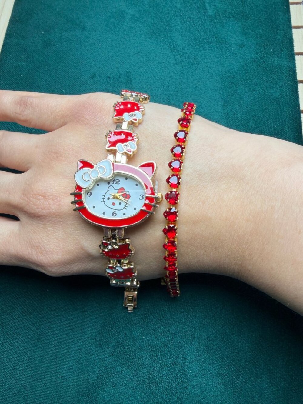 Cute Kitty Face Watch Red Enamel Gold Tone + Red Heart Tennis Bracelet Set